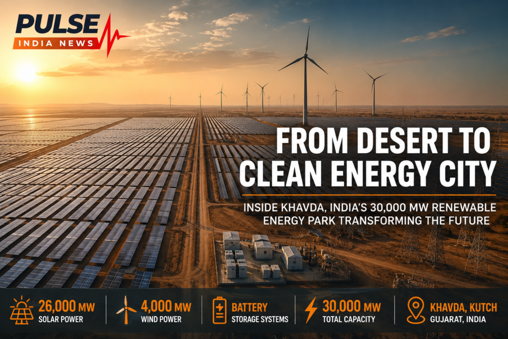 From Barren Desert to Renewable Energy Superpower: Inside India's $30 Billion Khavda Mega Project Aerial view of solar panels and wind turbines at the Khavda Renewable Energy Park in Kutch, Gujarat, India's largest renewable energy project.