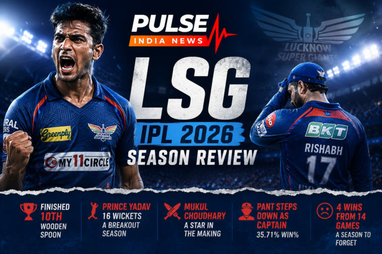 Lucknow Super Giants IPL 2026 season review graphic featuring Prince Yadav celebrating, Rishabh Pant walking away, LSG logo, and key season statistics highlighting the team's last-place finish and leadership change.