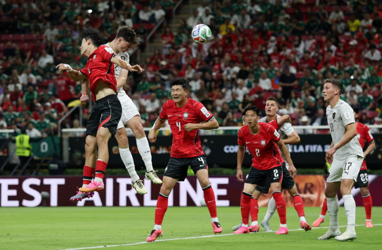 Czechia captain Ladislav Krejčí heads in the opening goal against South Korea from Vladimír Coufal