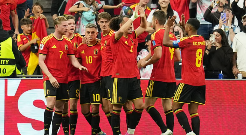 Leandro Trossard celebrates with Belgium teammates after scoring against New Zealand