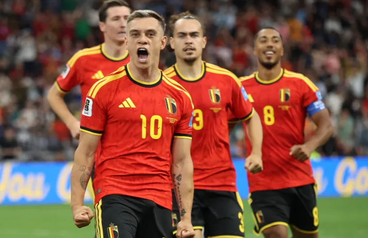 Leandro Trossard celebrates for Belgium after scoring against New Zealand in FIFA World Cup 2026