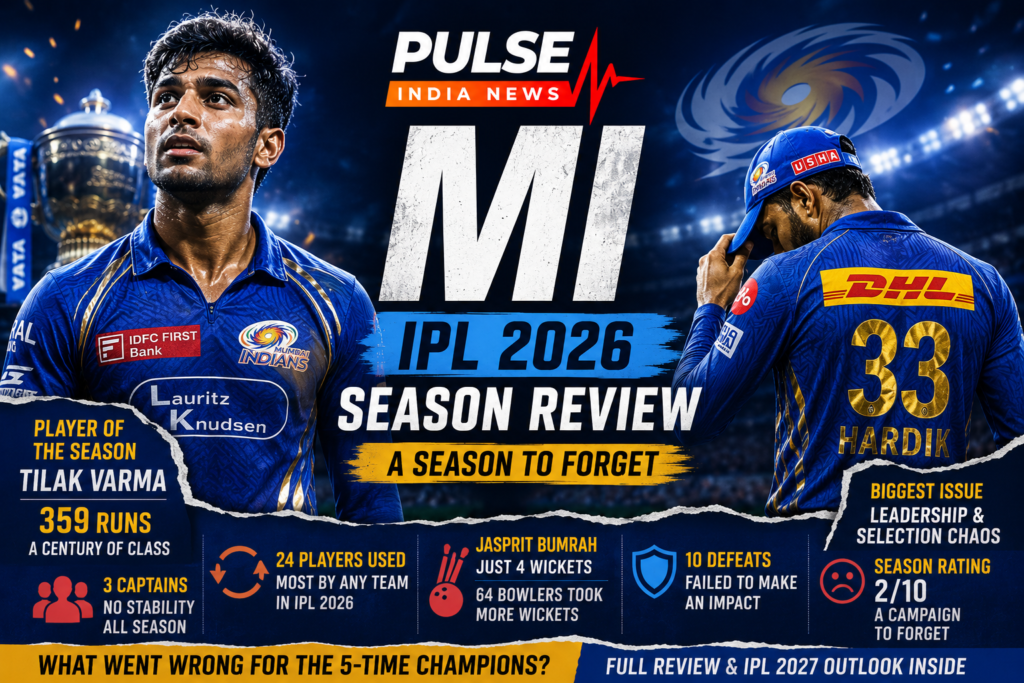 Mumbai Indians IPL 2026 season review graphic featuring Tilak Varma, Hardik Pandya, MI logo, IPL trophy and key statistics highlighting leadership issues, Jasprit Bumrah's struggles and the team's disappointing season.