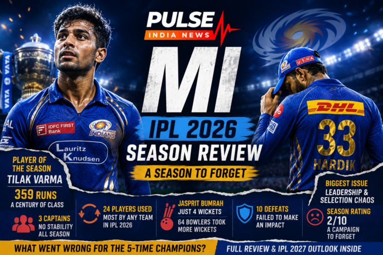 Mumbai Indians IPL 2026 season review graphic featuring Tilak Varma, Hardik Pandya, MI logo, IPL trophy and key statistics highlighting leadership issues, Jasprit Bumrah's struggles and the team's disappointing season.