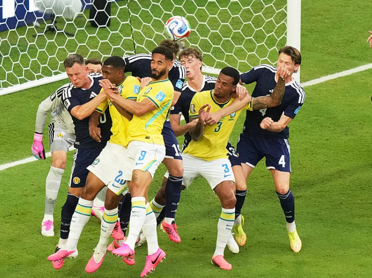 Matheus Cunha heads the ball during Brazil vs Scotland FIFA World Cup 2026 match