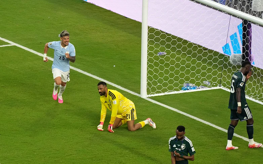 Uruguay forward Maxi Araújo celebrates after scoring against Saudi Arabia during FIFA World Cup 2026