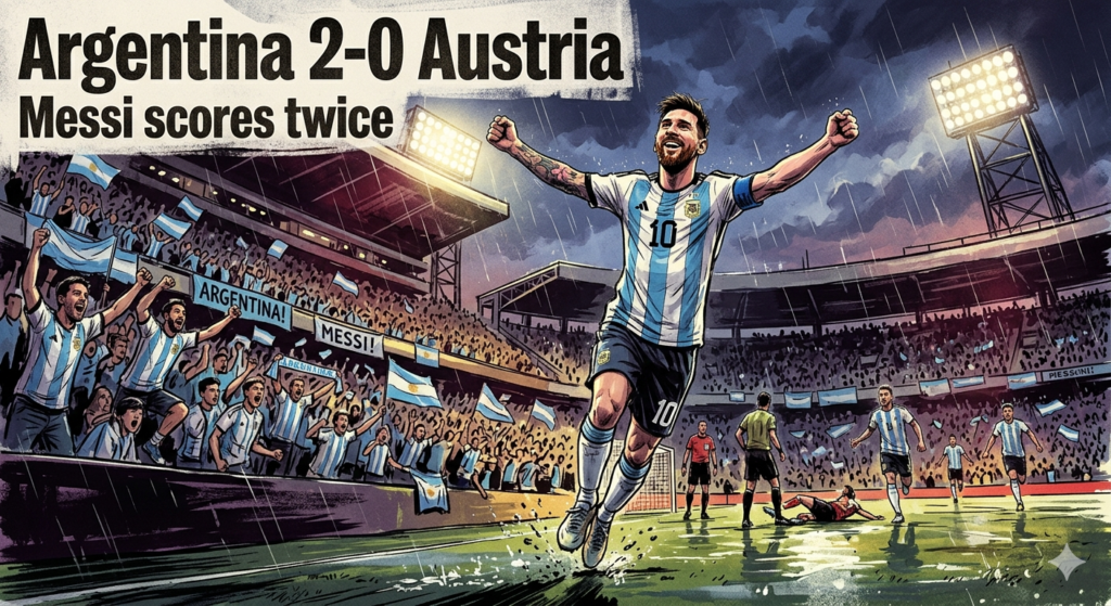 Illustrated sports news graphic showing Lionel Messi celebrating after scoring for Argentina in a 2-0 FIFA World Cup 2026 victory over Austria, with cheering fans and a floodlit stadium in the background.