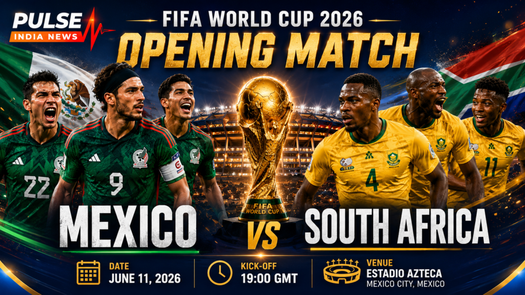 FIFA World Cup 2026 Opening Match Preview: Mexico vs South Africa – Team News, Predicted XI & Prediction FIFA World Cup 2026 opening match preview graphic featuring Mexico and South Africa players, the World Cup trophy, Estadio Azteca stadium, match date, kick-off time and Pulse India News branding.
