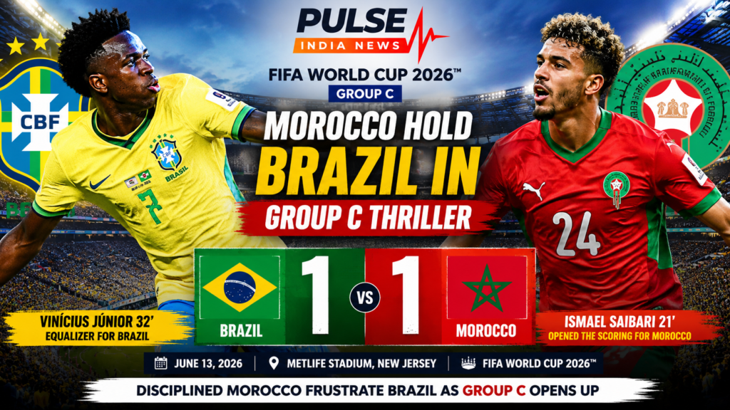 Brazil vs Morocco Review: Atlas Lions Hold Brazil to 1-1 Draw in World Cup Group C Thriller Featured graphic for Brazil vs Morocco in the FIFA World Cup 2026 Group C match showing Vinícius Júnior and Ismael Saibari, with the final score displayed as Brazil 1-1 Morocco and the headline "Morocco Hold Brazil in Group C Thriller."