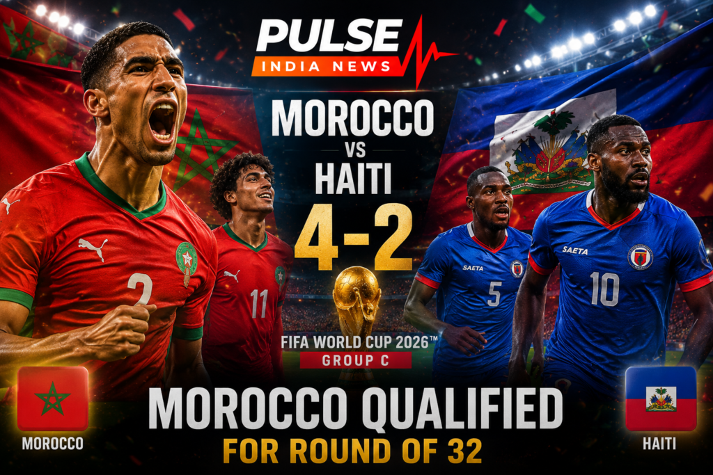 Morocco players celebrate their 4-2 victory over Haiti as the Atlas Lions qualify for the FIFA World Cup 2026 Round of 32 in a cinematic Pulse India News featured image.