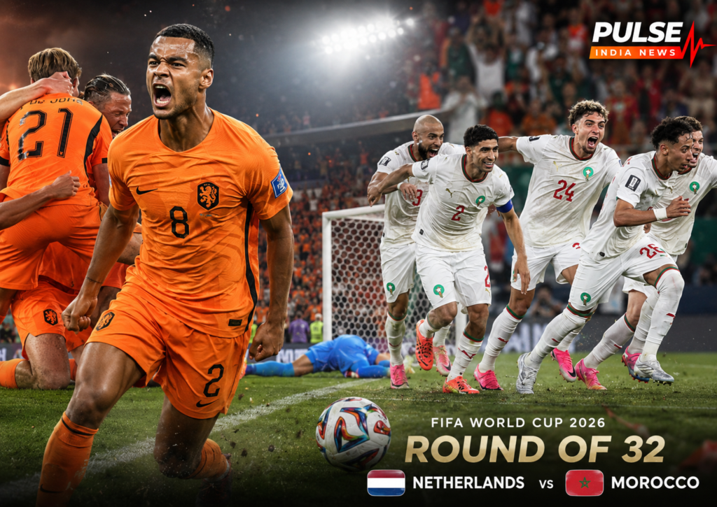 Cinematic featured image showing Netherlands players in orange and Morocco players in white during the FIFA World Cup 2026 Round of 32 match, with Pulse India News logo.