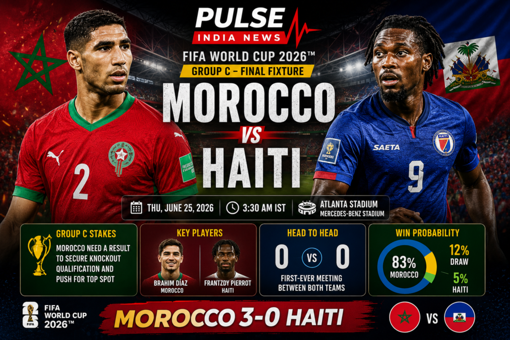 Morocco vs Haiti FIFA World Cup 2026 Group C match preview graphic featuring Moroccan and Haitian players, national flags, Pulse India News logo, match details, group standings, key players, head-to-head statistics and prediction at Mercedes-Benz Stadium in Atlanta.