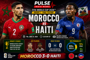 Morocco vs Haiti FIFA World Cup 2026 Group C match preview graphic featuring Moroccan and Haitian players, national flags, Pulse India News logo, match details, group standings, key players, head-to-head statistics and prediction at Mercedes-Benz Stadium in Atlanta.