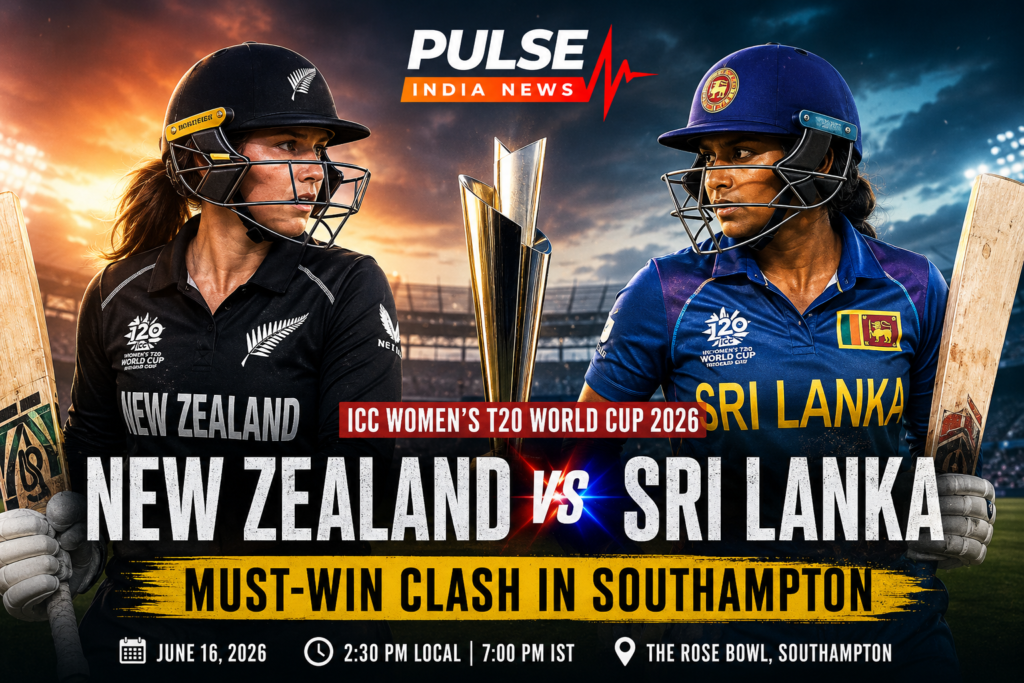 New Zealand Women vs Sri Lanka Women Preview: Defending Champions Face Must-Win T20 World Cup Clash New Zealand Women vs Sri Lanka Women ICC Women's T20 World Cup 2026 preview poster featuring players from both teams, tournament trophy, and Pulse India News branding ahead of the Southampton clash.