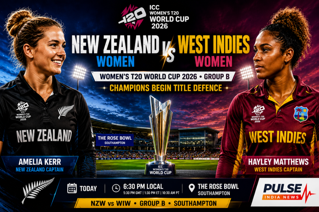 New Zealand Women vs West Indies Women Preview: Playing XI, Pitch Report & Prediction | Women's T20 World Cup 2026 Amelia Kerr and Hayley Matthews featured in a cinematic New Zealand Women vs West Indies Women ICC Women's T20 World Cup 2026 match preview poster at The Rose Bowl, Southampton.