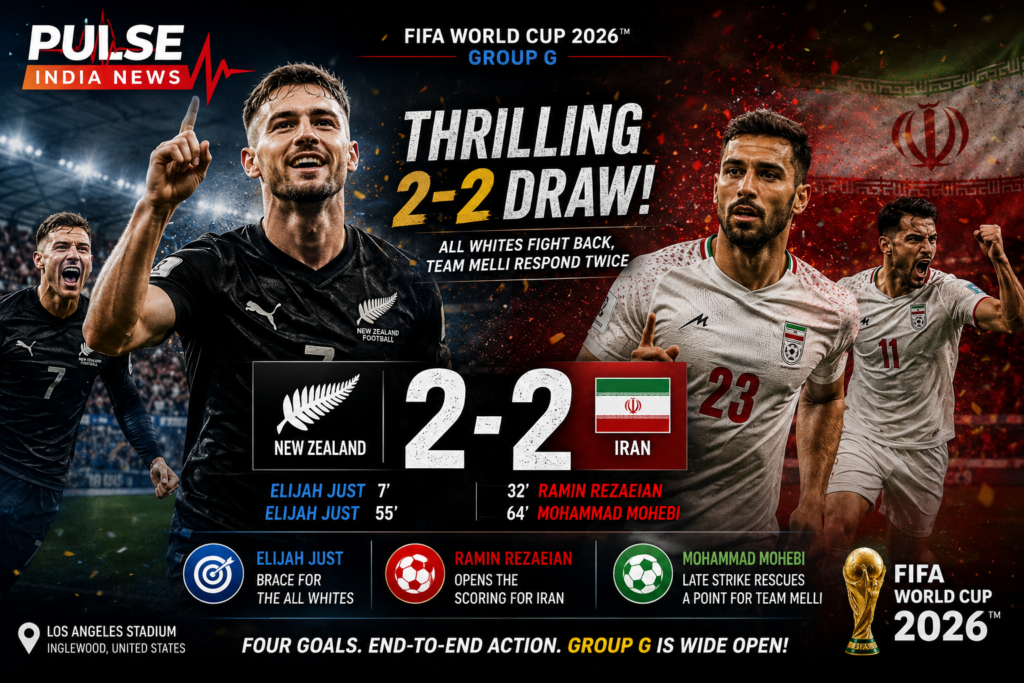 Iran vs New Zealand Review: Elijah Just Brace Earns Thrilling 2-2 Draw in Group G Featured image for Iran vs New Zealand FIFA World Cup 2026 Group G review showing New Zealand star Elijah Just and Iran's Ramin Rezaeian alongside the final 2-2 scoreline, with Pulse India News branding and dramatic stadium visuals.