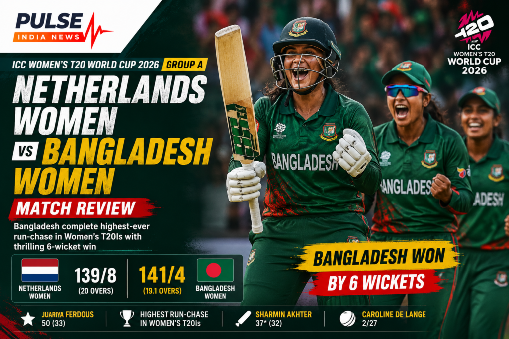 Bangladesh Women vs Netherlands Women Review: Historic Chase Seals Six-Wicket World Cup Win Bangladesh Women players celebrate a six-wicket victory over Netherlands Women during the ICC Women’s T20 World Cup 2026 Group A match, highlighted by a record run chase and key contributions from Juairiya Ferdous and Sharmin Akhter.