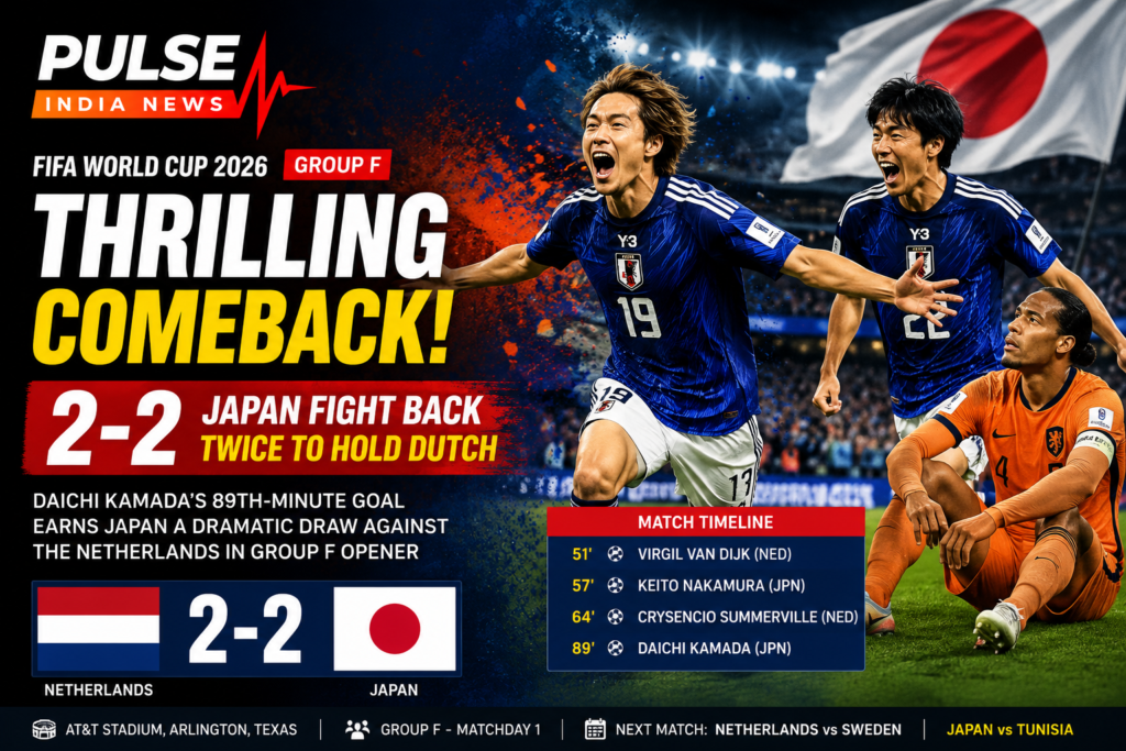 Japan players celebrate dramatically after securing a late equaliser against the Netherlands in the FIFA World Cup 2026 Group F match, while a disappointed Dutch player sits on the pitch. The graphic highlights the 2-2 final score and Japan's thrilling comeback.