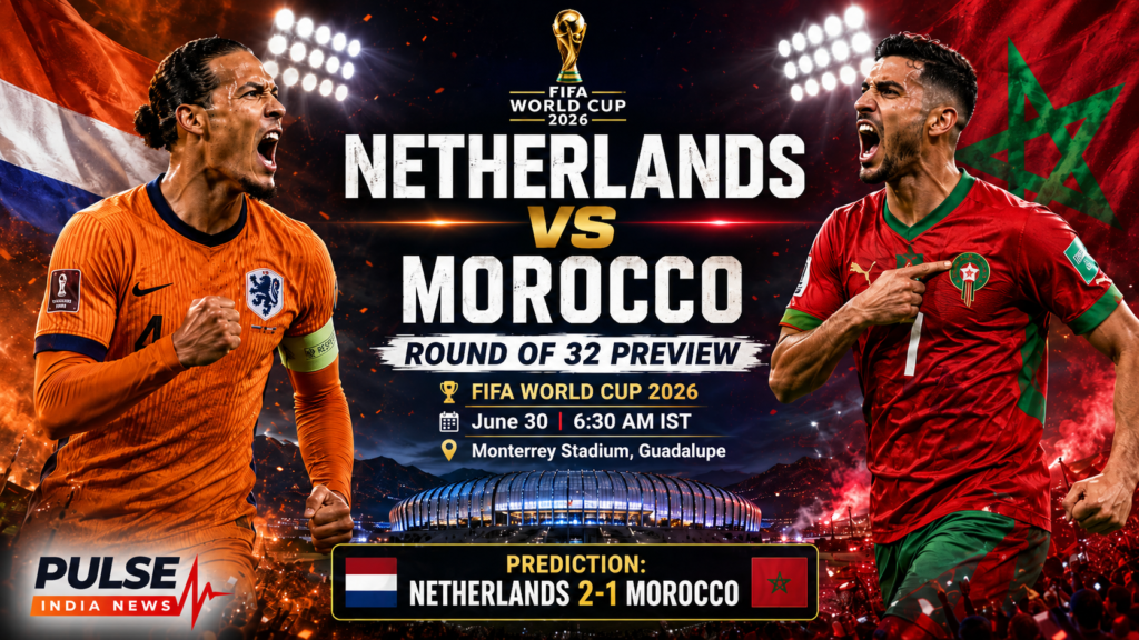 Netherlands and Morocco players face off in a cinematic FIFA World Cup 2026 Round of 32 preview graphic with match time, venue and prediction details.