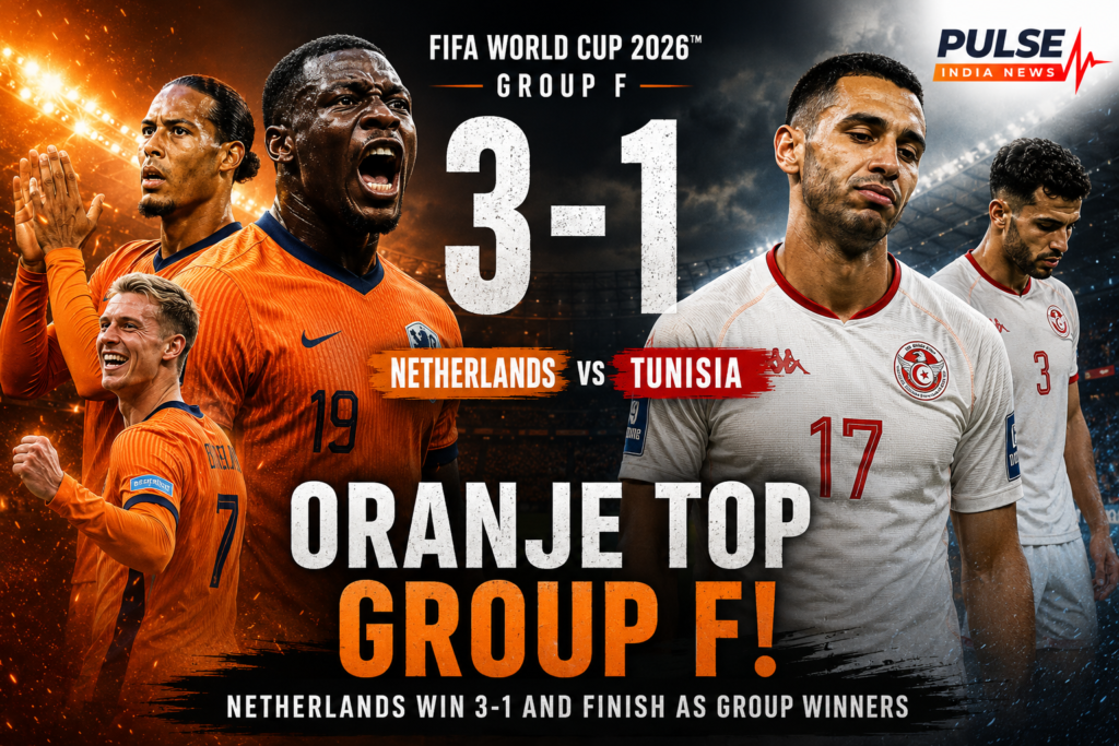 Cinematic FIFA World Cup 2026 match poster featuring the Netherlands' 3-1 victory over Tunisia, highlighting Brian Brobbey and the Oranje celebrating as Tunisia players react, with the Pulse India News logo prominently displayed.