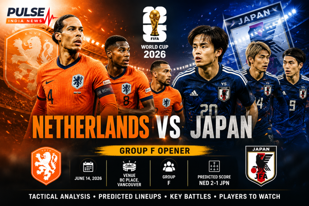 Netherlands vs Japan Preview: Predicted Lineups, Tactical Analysis & Prediction Cinematic FIFA World Cup 2026 match preview graphic featuring Netherlands and Japan players, national team crests, stadium lights, World Cup trophy, and Pulse India News branding ahead of their Group F opener.
