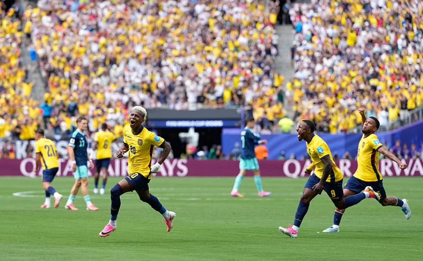 Nilson Angulo celebrates scoring for Ecuador against Germany in FIFA World Cup 2026