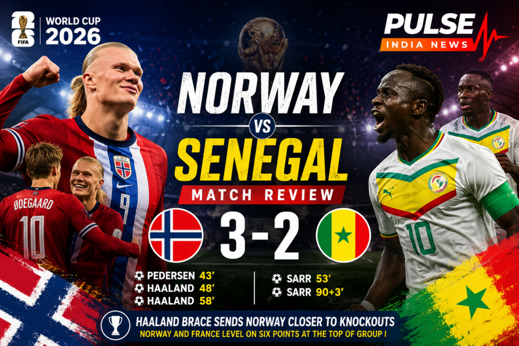 Featured graphic for the FIFA World Cup 2026 Group I match review showing Erling Haaland and Norway defeating Senegal 3-2, with the final score, goalscorers, national flags, and Pulse India News branding.