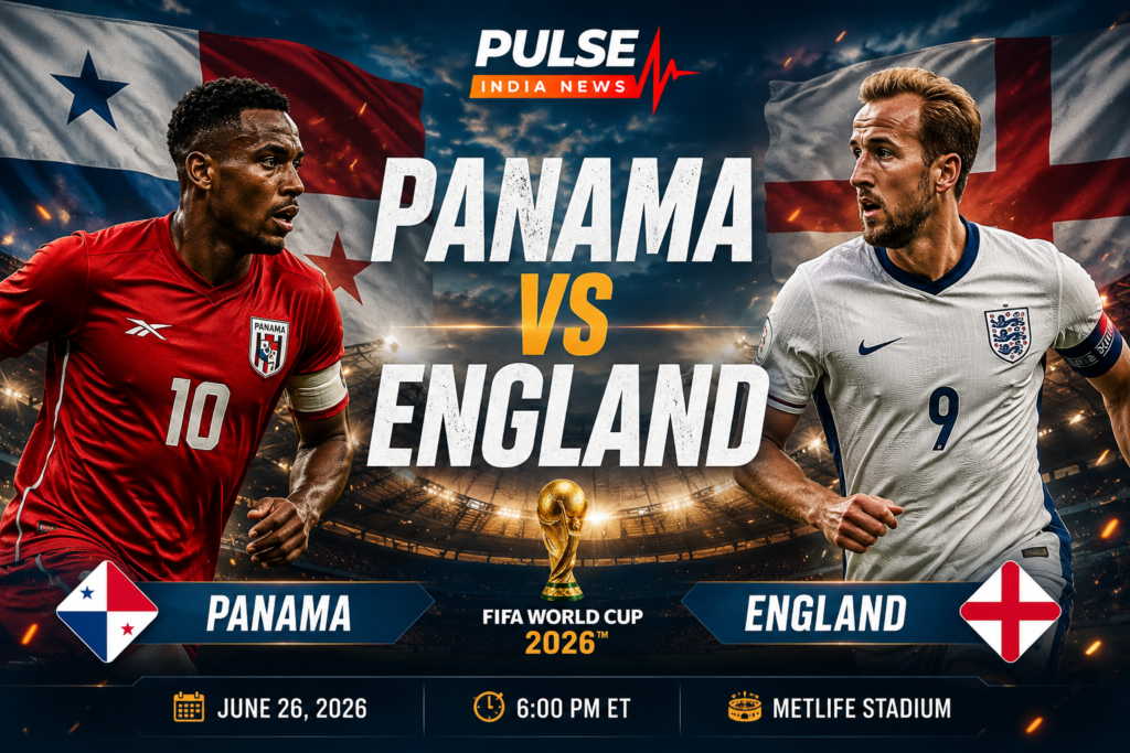 Panama vs England FIFA World Cup 2026 match preview poster featuring Harry Kane and a Panama player with national flags, the FIFA World Cup trophy, MetLife Stadium, and the Pulse India News logo.