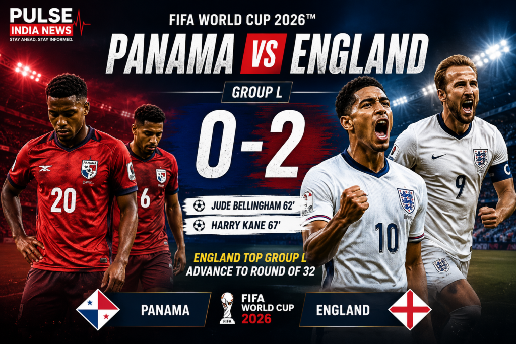 Cinematic match graphic showing England's 2-0 victory over Panama in the FIFA World Cup 2026 Group L, featuring Jude Bellingham and Harry Kane alongside the Pulse India News logo.