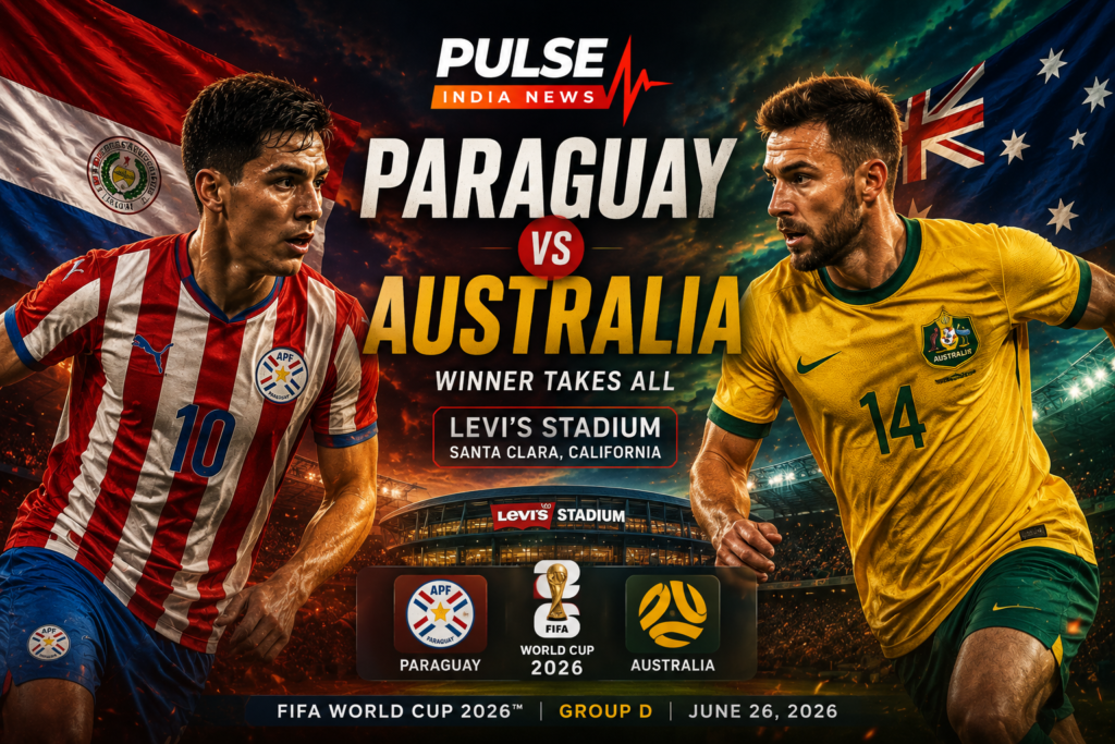 Paraguay vs Australia FIFA World Cup 2026 match preview graphic featuring Paraguayan and Australian players facing off at Levi's Stadium in Santa Clara with Pulse India News branding.