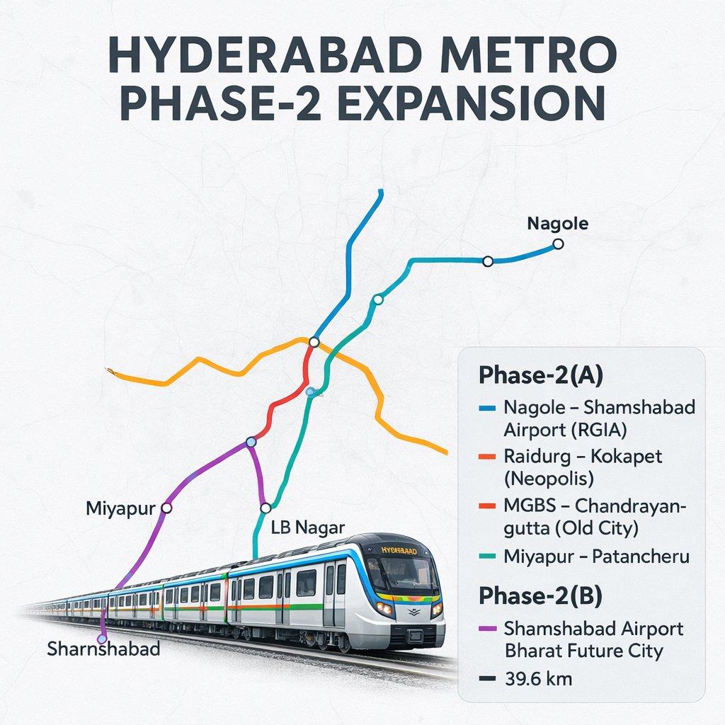 Map of Hyderabad Metro Phase-II expansion showing proposed corridors connecting Nagole, Shamshabad Airport, Kokapet, Chandrayangutta, Patancheru, LB Nagar and other key areas across the city.