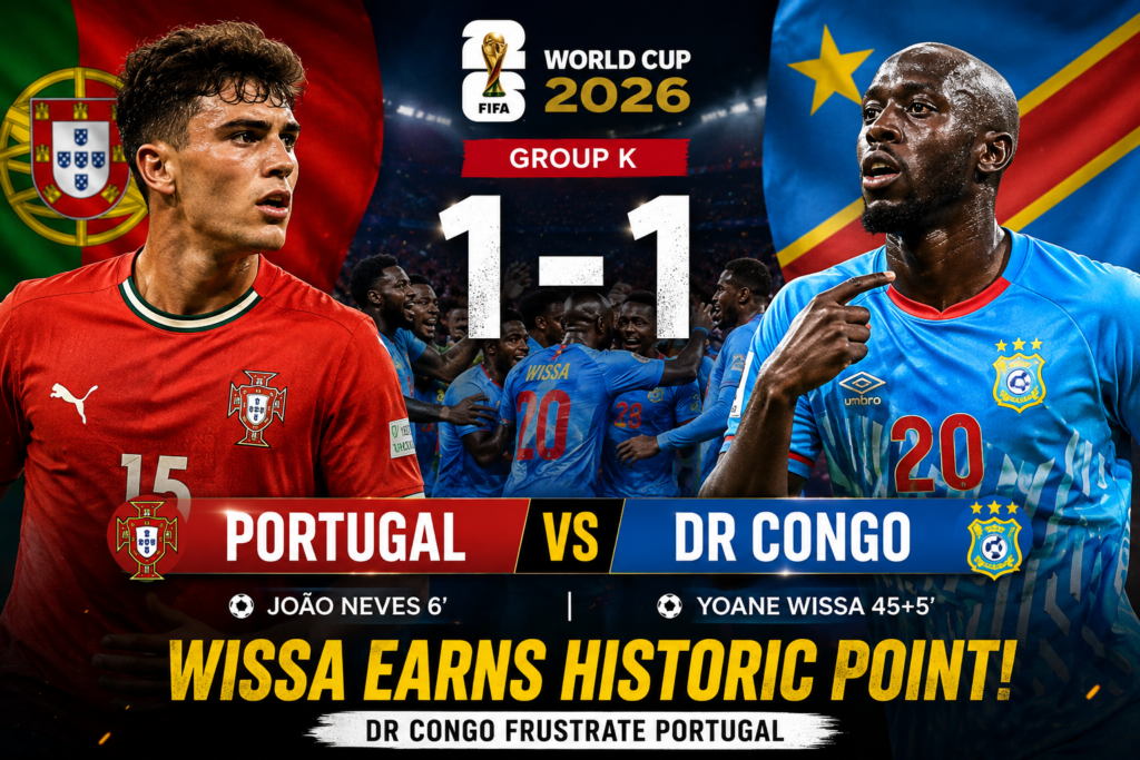 Portugal 1-1 DR Congo Review: Wissa Earns Historic Point as Portugal Frustrated in World Cup Opener Portugal and DR Congo players featured in a FIFA World Cup 2026 Group K match graphic showing a 1-1 draw, with João Neves and Yoane Wissa highlighted after scoring for their respective teams.