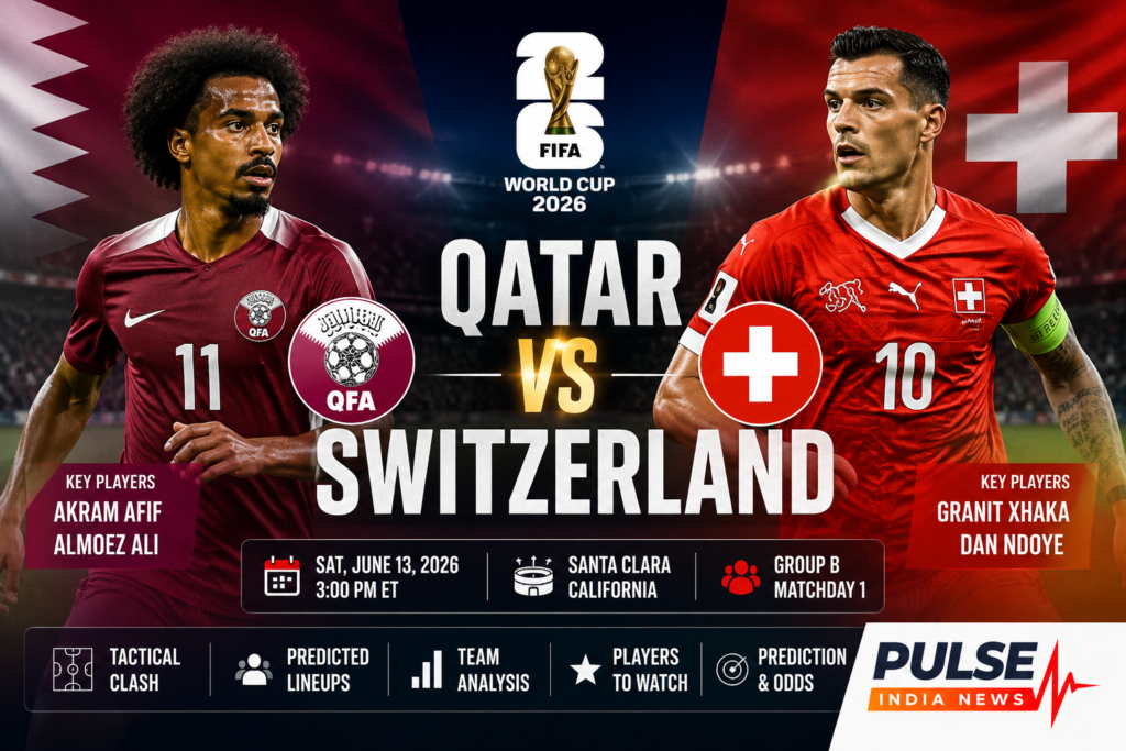 Qatar vs Switzerland FIFA World Cup 2026 preview graphic featuring Akram Afif of Qatar and Granit Xhaka of Switzerland with match details, team analysis and Pulse India News branding.