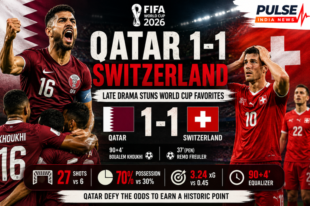 Qatar players celebrate Boualem Khoukhi's late equalizer against Switzerland in a FIFA World Cup 2026 Group B match.