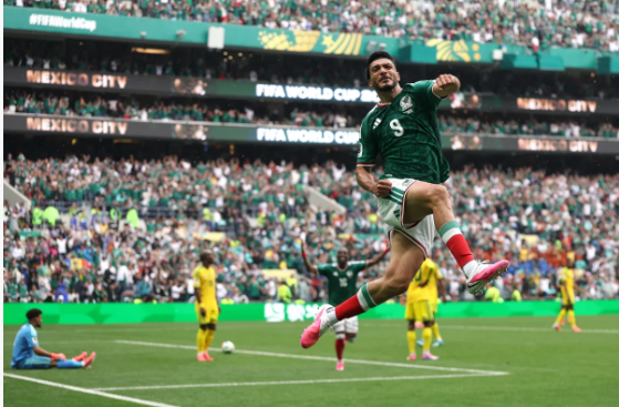 Raúl Jiménez celebrates after scoring Mexico
