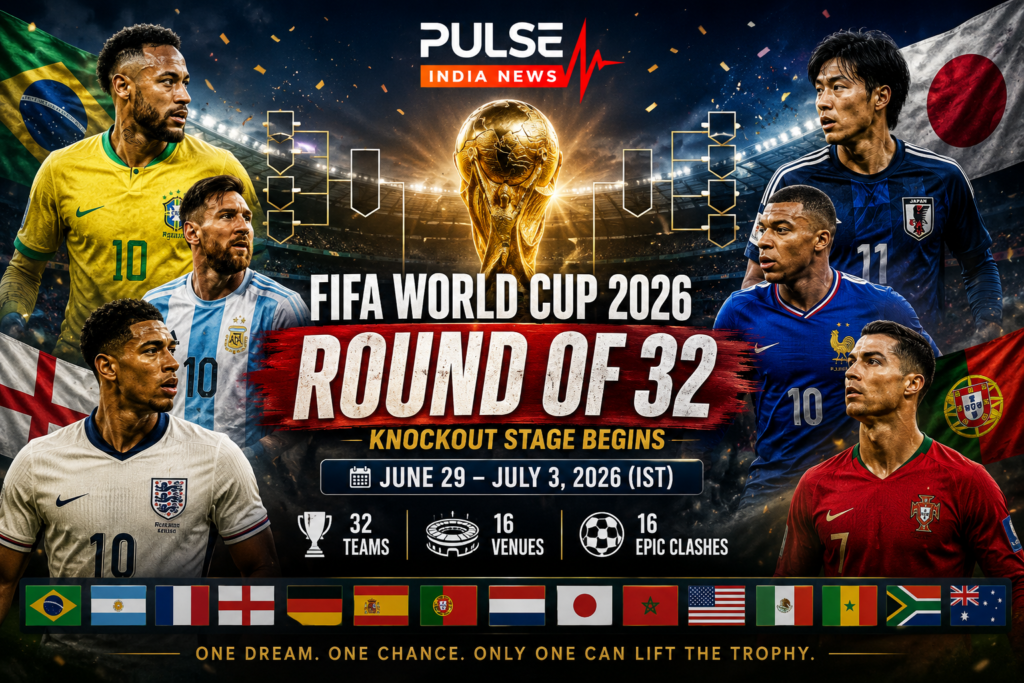 Cinematic FIFA World Cup 2026 Round of 32 promotional graphic featuring the World Cup trophy, top football stars, national flags, and Pulse India News logo as the knockout stage begins.