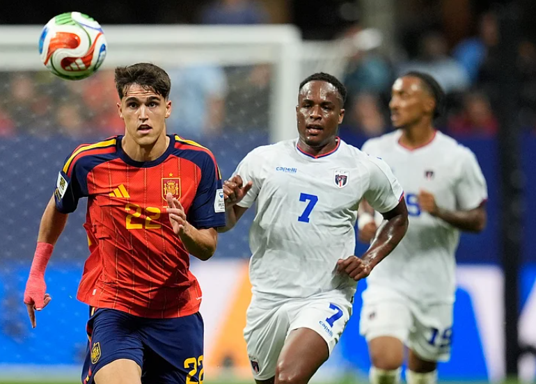Spain defender Pau Cubarsi races forward against Cape Verde