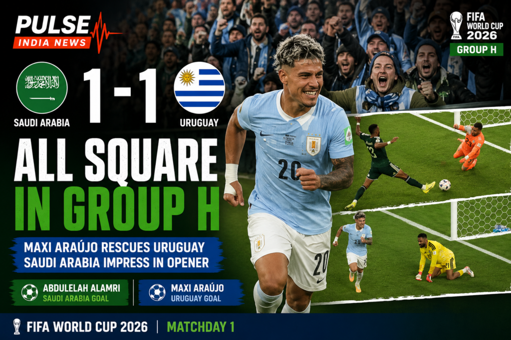 Saudi Arabia vs Uruguay Review: Maxi Araújo Rescues Uruguay as Group H Ends All Square Featured image showing Uruguay's Maxi Araújo celebrating during the FIFA World Cup 2026 Group H match against Saudi Arabia, alongside match graphics displaying the 1-1 scoreline, Saudi Arabia and Uruguay crests, and key moments from the game.