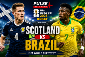 Scotland vs Brazil FIFA World Cup 2026 Group C match preview graphic featuring a Scotland player and Brazil star Vinícius Júnior, national flags, Miami Stadium backdrop, Pulse India News logo and World Cup branding.