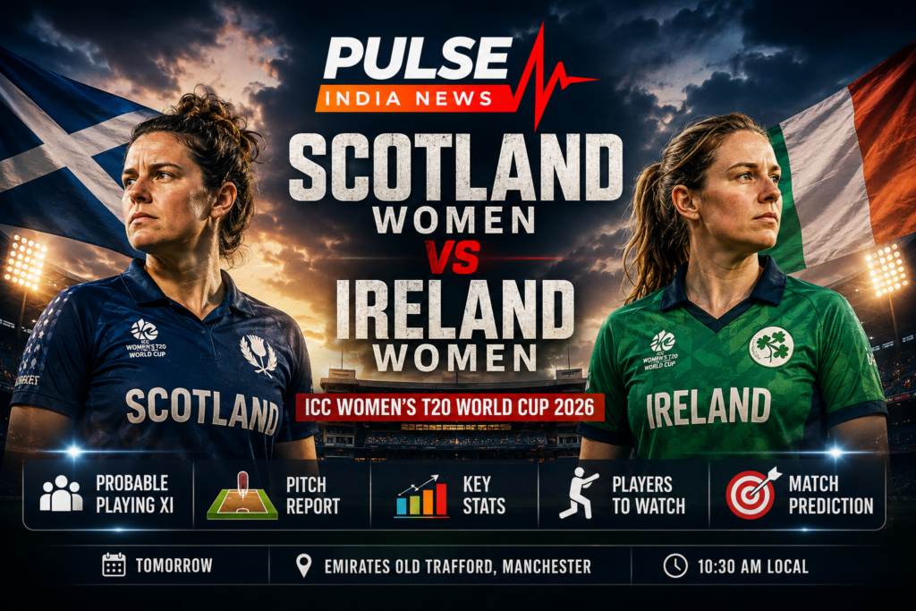 Scotland Women vs Ireland Women Preview: Playing XI, Team Analysis, Pitch Report & Prediction Scotland Women and Ireland Women players featured in a cinematic ICC Womenโs T20 World Cup 2026 match preview poster at Emirates Old Trafford, Manchester.