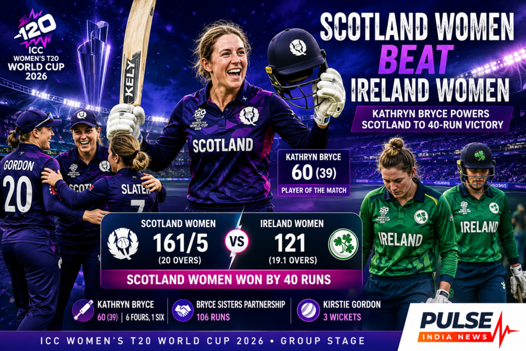 Scotland Women vs Ireland Women Review: Kathryn Bryce Powers Scotland to Dominant 40-Run Victory Kathryn Bryce celebrates after scoring 60 runs as Scotland Women defeat Ireland Women by 40 runs in the ICC Women’s T20 World Cup 2026.