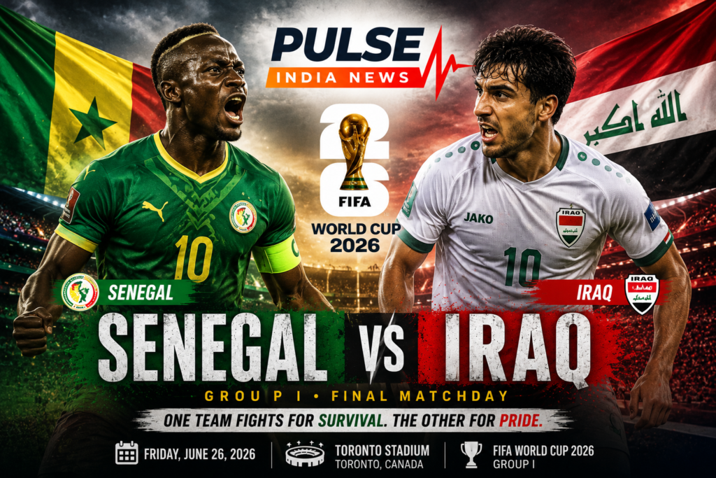 Cinematic Senegal vs Iraq FIFA World Cup 2026 Group I featured image showing Sadio Mané and an Iraq player facing off at Toronto Stadium with the Pulse India News logo.