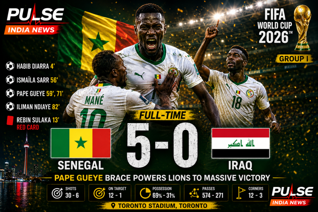Senegal players celebrate a dominant 5–0 victory over Iraq in a cinematic FIFA World Cup 2026 Group I featured graphic with the Pulse India News logo, final score, goalscorers, and Toronto Stadium backdrop.