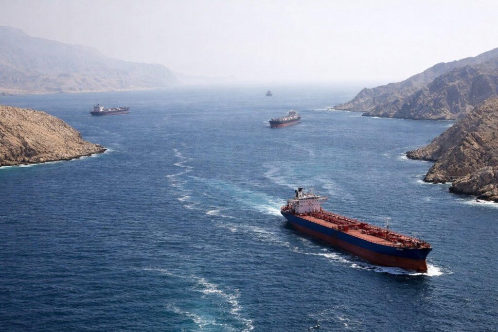 Oil tankers navigating through the Strait of Hormuz.