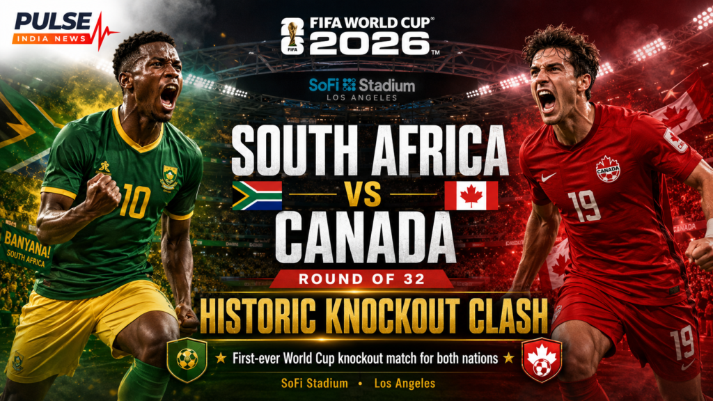 Cinematic FIFA World Cup 2026 Round of 32 featured graphic showing South Africa vs Canada at SoFi Stadium, Los Angeles, with the Pulse India News logo.