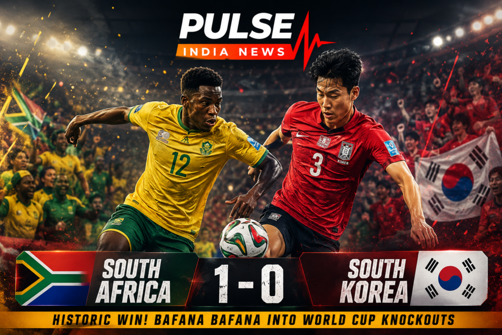 South Africa celebrates a historic 1-0 victory over South Korea in the FIFA World Cup 2026 as Bafana Bafana qualify for the Round of 32 in a cinematic Pulse India News featured image.