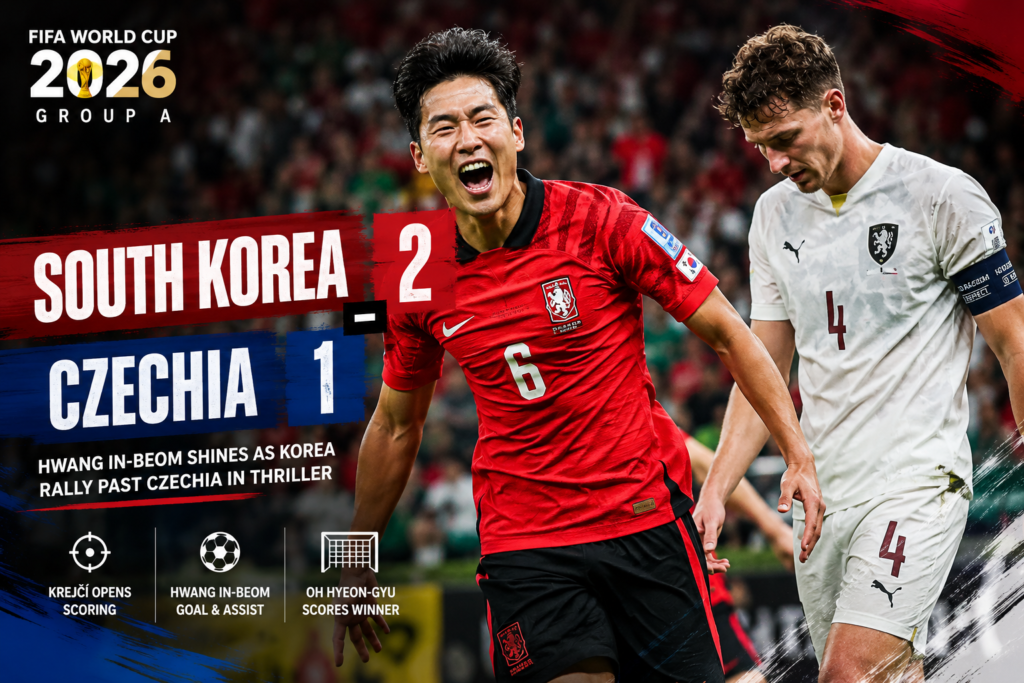 South Korea vs Czechia Review: Hwang In-beom Stars as Taeguk Warriors Complete Dramatic Comeback in World Cup 2026 Opener South Korea midfielder Hwang In-beom celebrates during a 2-1 victory over Czechia in the FIFA World Cup 2026 Group A match, while Czech captain Ladislav Krejčí reacts after the final whistle.