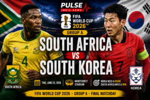 South Africa vs South Korea FIFA World Cup 2026 Group A match preview graphic featuring South African and South Korean football stars, national flags, Pulse India News logo, Monterrey Stadium backdrop and qualification stakes ahead of the decisive group-stage clash.