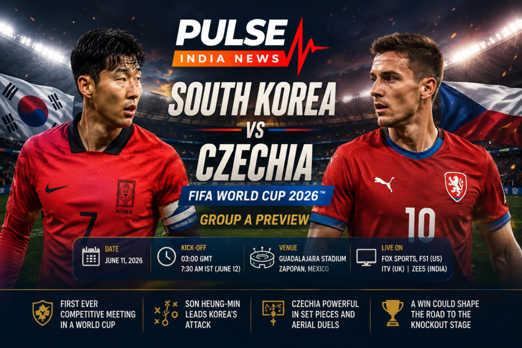 South Korea vs Czechia Preview: Contrasting Styles Collide In Crucial World Cup 2026 Opener South Korea vs Czechia FIFA World Cup 2026 Group A preview graphic featuring Son Heung-min and a Czechia player inside a packed stadium with Pulse India News branding, match details and tournament information.