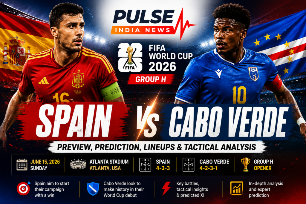 Spain vs Cabo Verde Preview: Prediction, Lineups, Tactical Analysis & World Cup 2026 Outlook Featured image for the FIFA World Cup 2026 Group H match between Spain and Cabo Verde, showing Spanish and Cabo Verdean players facing off in a packed stadium with tournament branding, match details, tactical formations, and Pulse India News logo.