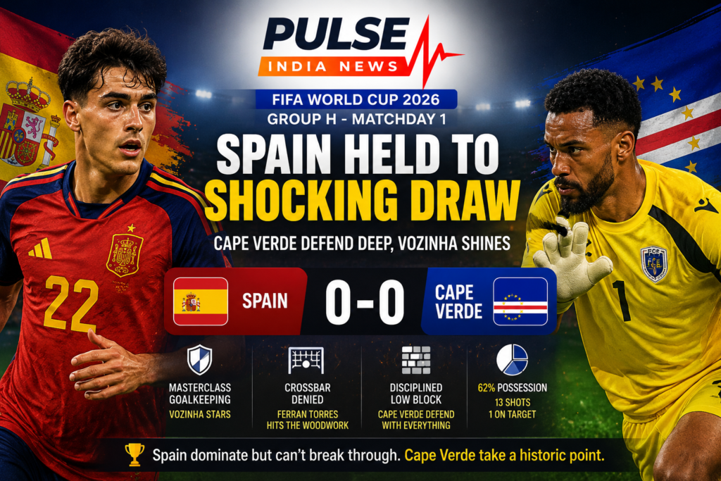 Spain vs Cape Verde Review: Vozinha Heroics Earn Historic Draw Against Spain at FIFA World Cup 2026 Spain and Cape Verde players feature on a FIFA World Cup 2026 match graphic highlighting their 0-0 Group H draw, with Cape Verde goalkeeper Vozinha recognized for his outstanding performance.